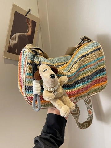 Borsa a Tracolla Bohemienne in Paglia a Righe Arcobaleno da Donna Con Tracolla Larga Geometrica Borsa Hobo Casual