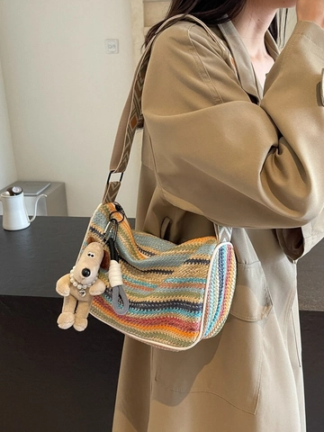 Borsa a Tracolla Bohemienne in Paglia a Righe Arcobaleno da Donna Con Tracolla Larga Geometrica Borsa Hobo Casual