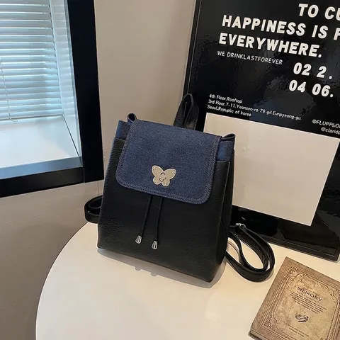Mochila de Patchwork de Moda para Mujer Cuero PU Denim Color de Contraste Hebilla de Mariposa Cordón Gran Capacidad Bolso de Viaje Escolar