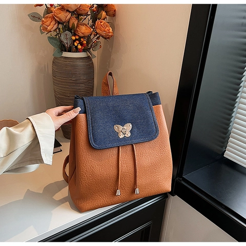 Mochila de Patchwork de Moda para Mujer Cuero PU Denim Color de Contraste Hebilla de Mariposa Cordón Gran Capacidad Bolso de Viaje Escolar