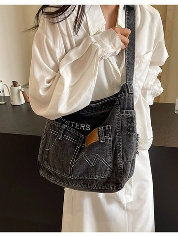 Borsa a Spalla in Denim Donna Retro Grande Capacità Borsa Tote Tracolla Con Stampa Lettere Impunture a Contrasto per Studenti