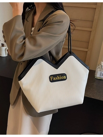 Bolso Tote Plisado Grande para Mujer Moda Color de Contraste Cuero PU Bolso de Hombro Bolso Shopper de Rayas Verticales en V