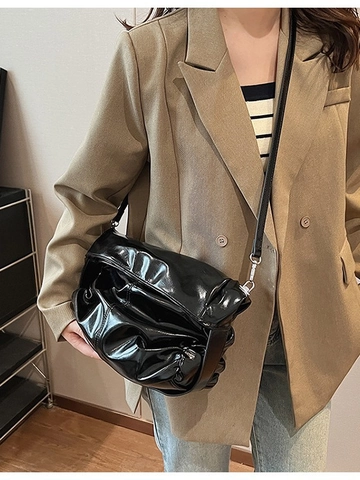 Sac à Épaule Hobo en Cuir PU Brillant Froncé pour Femmes Style Maillard Vintage Sac Cabas Bandoulière Grande Capacité