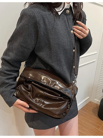 Sac à Épaule Hobo en Cuir PU Brillant Froncé pour Femmes Style Maillard Vintage Sac Cabas Bandoulière Grande Capacité