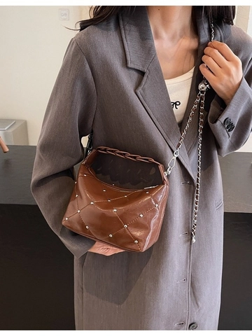 Borsa a Tracolla Trapuntata in Pelle PU da Donna Con Borchie Tracolla a Catena Design di Nicchia Borsa Hobo Minimalista