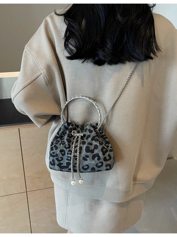 Women's Fashion Leopard Print Bucket Bag With Rhinestone Metal Handle Artificial Pearl Drawstring Detail Chain Shoulder Bag