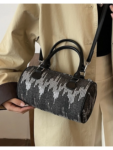 Women's Vintage Denim Sequin Boston Bag Chic Barrel Shoulder Crossbody Handbag With PU Leather Handle For Daily Commute Party