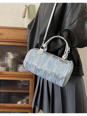 Women's Vintage Denim Sequin Boston Bag Chic Barrel Shoulder Crossbody Handbag With PU Leather Handle For Daily Commute Party