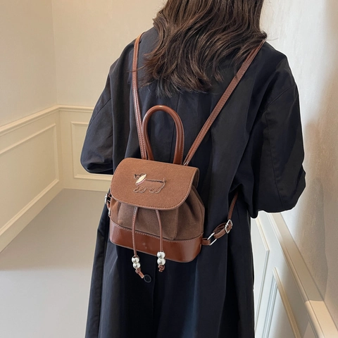Vintage Wildleder Spleißen Mini Rucksack Für Damen Süße Dackel Welpen Stickerei Kordelzug Klappe Kleine Schultasche Reise Lässige Schultertasche