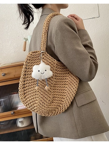 Women Fashion Hollow Out Handwoven Straw Bucket Bag Large Capacity Underarm Shoulder Bag With Cute Cloud Pendant Lazy Style Casual Tote Bag