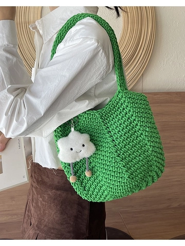 Women Fashion Hollow Out Handwoven Straw Bucket Bag Large Capacity Underarm Shoulder Bag With Cute Cloud Pendant Lazy Style Casual Tote Bag