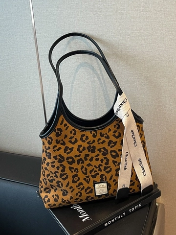Borsa Tote Vintage con Stampa Leopardata Donna in Pelle PU Moda Grande Capacità Borsa a Spalla Sottobraccio con Nastro Alfabeto