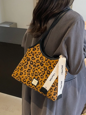 Borsa Tote Vintage con Stampa Leopardata Donna in Pelle PU Moda Grande Capacità Borsa a Spalla Sottobraccio con Nastro Alfabeto