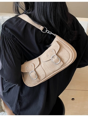 Women Retro Underarm Baguette Bag Double Front Pocket Silver Metal Buckle PU Leather Denim Shoulder Bag Y2K Casual Handbag
