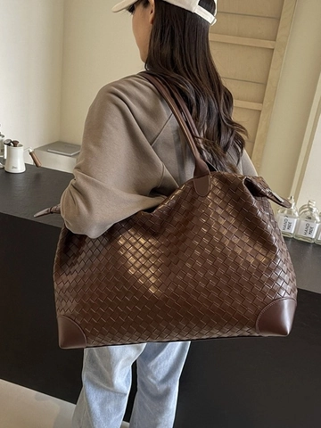Μεγάλης Χωρητικότητας Πλεκτή Τσάντα Tote από Δέρμα PU Χειροποίητη Πλεκτή Τσάντα Ταξιδιού για Γυναίκες Casual