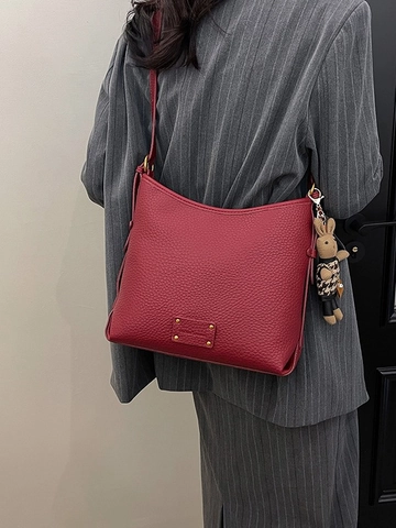 Women Large Capacity PU Leather Bucket Bag Lichee Pattern Retro Commuting Shoulder Bag With Houndstooth Bunny Pendant