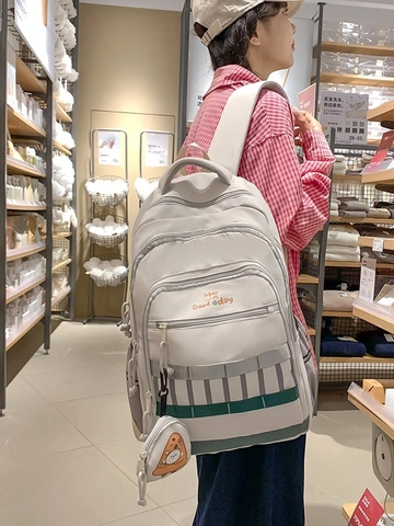 Sac à Dos Scolaire en Nylon Imperméable Grande Capacité Avec Pendentif Porte-monnaie Pizza Sac Décontracté École Voyage pour Filles