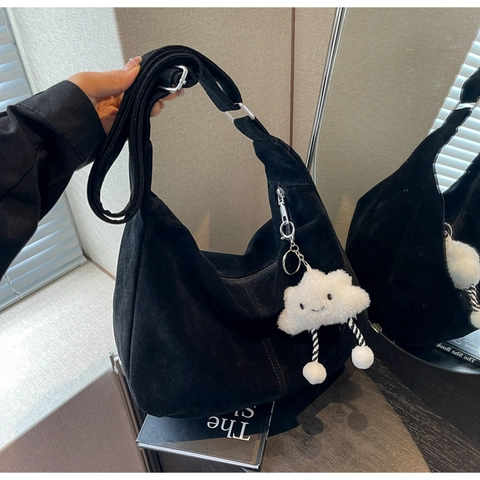 Women Large Hobo Bag With Cloud Plush Charm Suede Look PU Adjustable Shoulder Strap Casual Fashion Crossbody Handbag