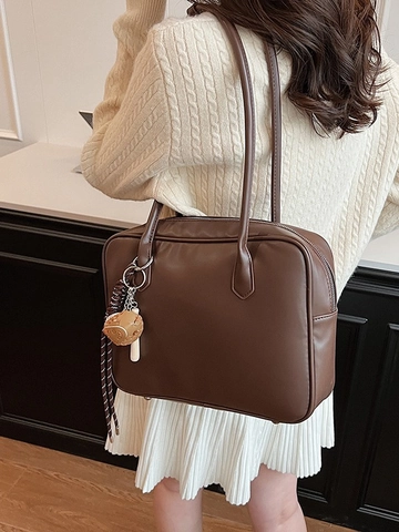 Damen Minimalistische PU Leder Umhängetasche Vintage Große Kapazität Tragetasche Mit Anhänger Für Büro Alltag Pendeln Mode Handtasche