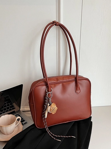 Damen Minimalistische PU Leder Umhängetasche Vintage Große Kapazität Tragetasche Mit Anhänger Für Büro Alltag Pendeln Mode Handtasche
