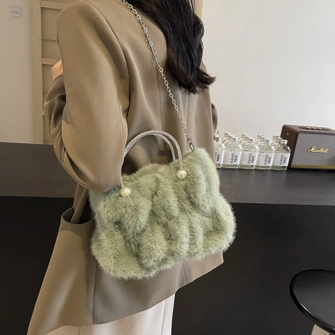 Sac Nuage Plissé en Fausse Fourrure pour Femme Poignée en Strass Perle Élégant Sac Bandoulière Peluche Automne Hiver Cadeau