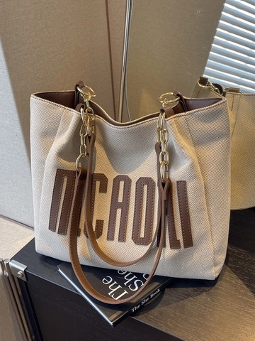 Borsa Tote da Donna in Tela di Grande Capacità Con Finiture in Pelle Stampa a Lettere Borsa a Tracolla Casual per Scuola