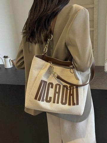 Borsa Tote da Donna in Tela di Grande Capacità Con Finiture in Pelle Stampa a Lettere Borsa a Tracolla Casual per Scuola