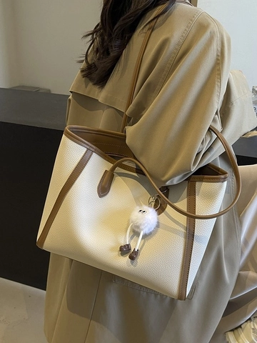 Borsa Tote da Donna Grande Capacità in Pelle PU Motivo Litchi Vintage Minimalista Color Block Borsa a Spalla Pendolare Con Ciondolo Peluche
