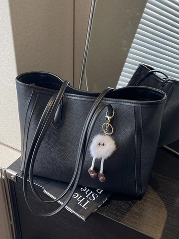 Borsa Tote da Donna Grande Capacità in Pelle PU Motivo Litchi Vintage Minimalista Color Block Borsa a Spalla Pendolare Con Ciondolo Peluche