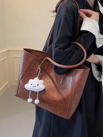 Women Vintage PU Leather Large Capacity Tote Bag With White Cloud Charm Commute Shoulder Bag For Daily Use Minimalist Handbag