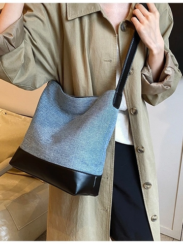 Bolso de Cubo Casual de Mezclilla Patchwork para Mujer Color de Contraste Gran Capacidad Bolso de Hombro Correa Ajustable Retro Tote