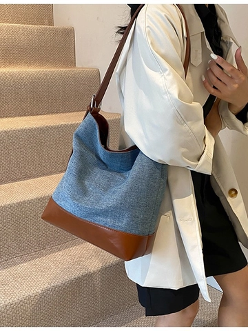Bolso de Cubo Casual de Mezclilla Patchwork para Mujer Color de Contraste Gran Capacidad Bolso de Hombro Correa Ajustable Retro Tote