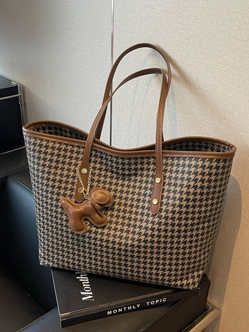 Borsa Tote da Donna Grande Capacità Pied de Poule Borsa a Spalla in PVC Vintage Con Ciondolo a Forma di Cane Per Ufficio Pendolarismo Viaggio