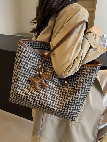 Borsa Tote da Donna Grande Capacità Pied de Poule Borsa a Spalla in PVC Vintage Con Ciondolo a Forma di Cane Per Ufficio Pendolarismo Viaggio