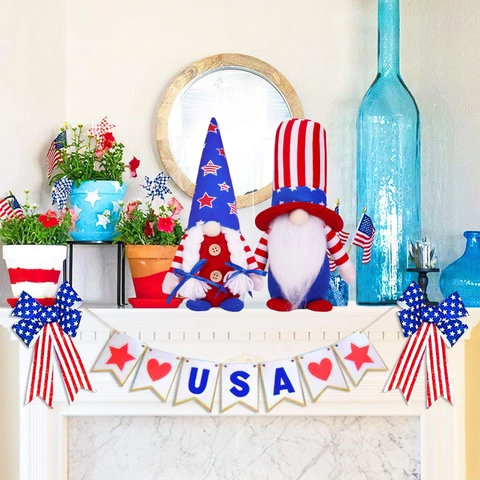 Gnomes Patriotiques du Jour de l'Indépendance Américaine Poupées Sans Visage Peluche Décoration de Table Étoiles et Rayures Ornements Maison
