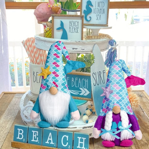 Mermaid Gnome Plush Decoration Summer Ocean Theme Handmade Tomte Nisse Scandinavian Gnome With Fish Tail Hat Starfish Table Decor
