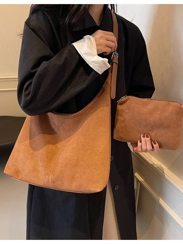 Borsa Tote in Camoscio di Grande Capacità Vintage Hobo Borsa a Spalla per Donna Pendolare Versatile Borsa a Secchiello Con Pochette