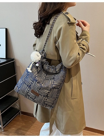 Damen Gestreifte Segeltuch Schultertasche Geräumige Eimer Tote Mit Kettenträger Und Plüsch Anhänger Vintage Lässige Handtasche