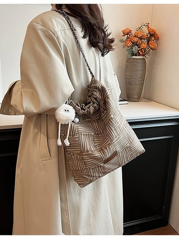 Damen Gestreifte Segeltuch Schultertasche Geräumige Eimer Tote Mit Kettenträger Und Plüsch Anhänger Vintage Lässige Handtasche