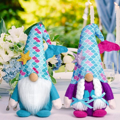 Mermaid Gnome Plush Decoration Summer Ocean Theme Handmade Tomte Nisse Scandinavian Gnome With Fish Tail Hat Starfish Table Decor
