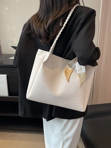 Damen Tote Bag Aus PU-Leder Mit Großer Kapazität Kariertes Muster Schultertasche Mit Geflochtenem Griff Seidenschal Mode Pendeln Handtasche