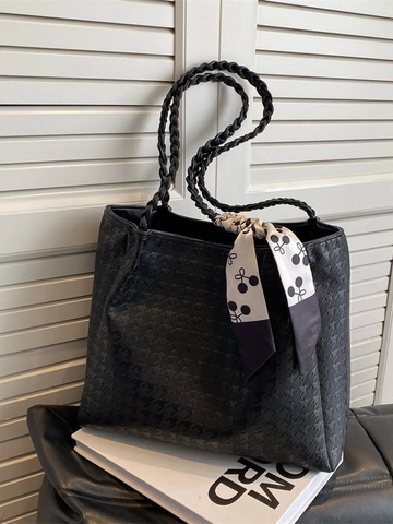 Damen Tote Bag Aus PU-Leder Mit Großer Kapazität Kariertes Muster Schultertasche Mit Geflochtenem Griff Seidenschal Mode Pendeln Handtasche