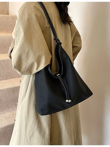 Minimalist PU Large Capacity Tote Bag For Women With Metallic Bead Drawstring Detail Knotted Shoulder Strap Hobo Bag