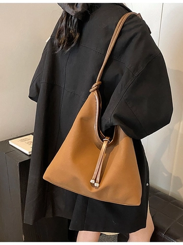 Minimalist PU Large Capacity Tote Bag For Women With Metallic Bead Drawstring Detail Knotted Shoulder Strap Hobo Bag