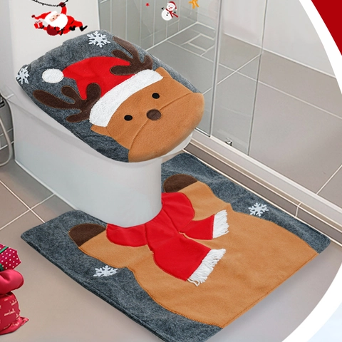 Christmas Toilet Cover And Rug Santa Snowman Reindeer Pattern Festive Holiday Bathroom Decor Polyester Decoration