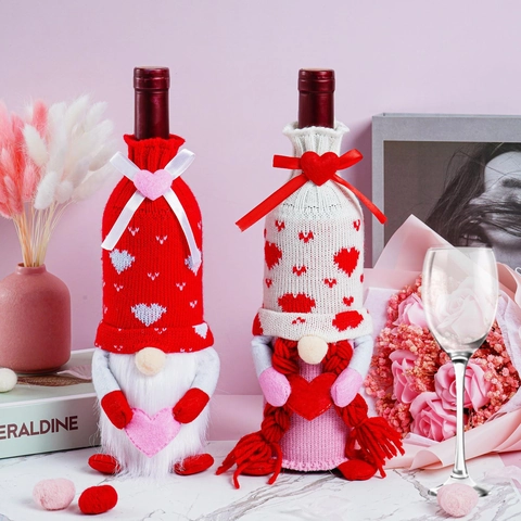 Valentinstag Gnom Weinbeutel Rot Rosa Herz Gestrickt Gesichtslos Puppe Wein Dekoration Für Hochzeit Party Home Decor