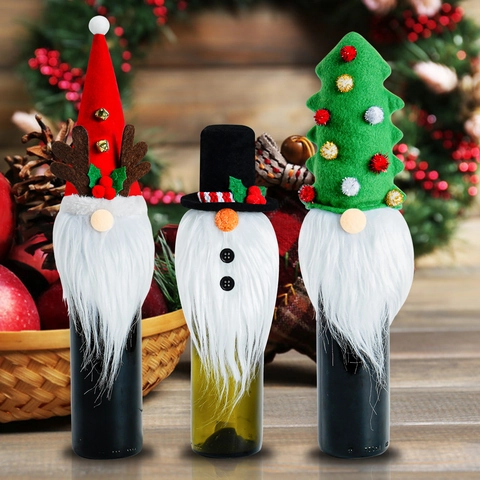 Gnome Christmas Wine Bottle Covers Red Reindeer Antler Green Christmas Tree Black Top Hat Festive Table Decorations