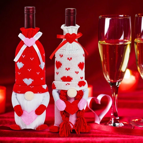 Valentinstag Gnom Weinbeutel Rot Rosa Herz Gestrickt Gesichtslos Puppe Wein Dekoration Für Hochzeit Party Home Decor