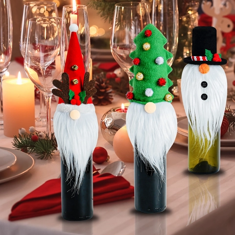 Gnome Christmas Wine Bottle Covers Red Reindeer Antler Green Christmas Tree Black Top Hat Festive Table Decorations