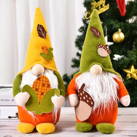 Handmade Fall Harvest Gnome Plush Decoration With Yellow Corn Acorn Sunflower Maple Leaf For Thanksgiving Home Table Decor